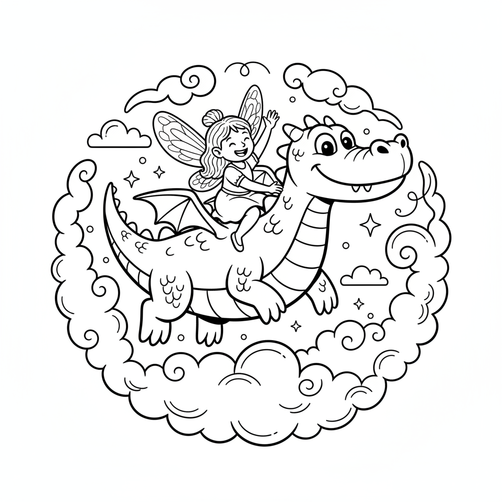Maleńka wróżka jadąca na grzbiecie przyjaznego smoka, latająca przez chmury, kolorowanka dla dzieci, czarne kontury, ...