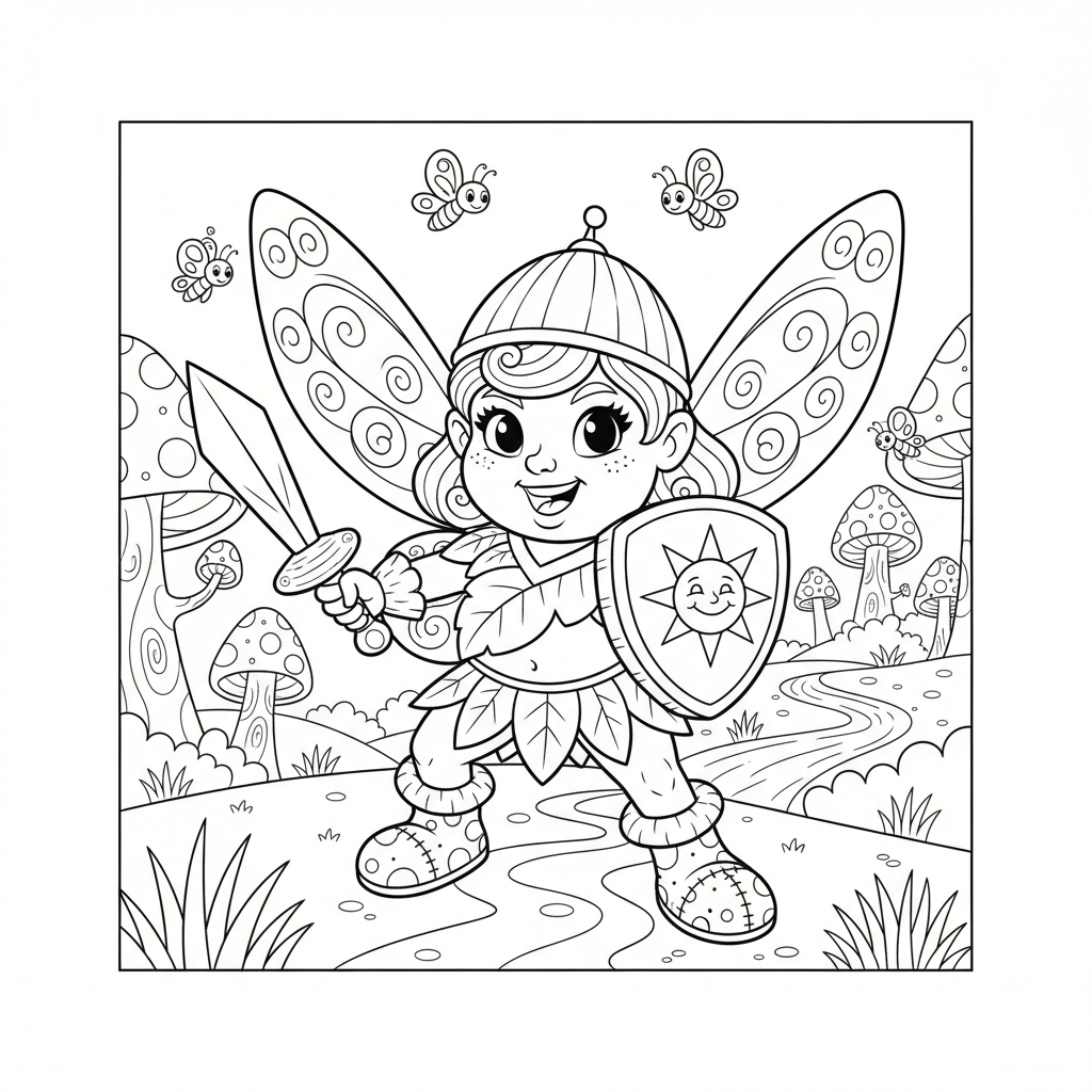Odważna wróżka wojowniczka z maleńkim mieczem i tarczą, gotowa na przygodę, kolorowanka dla dzieci, czarne kontury, ...