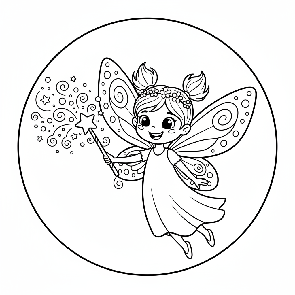 Piękna wróżka z delikatnymi, motylowymi skrzydłami, trzymająca magiczną różdżkę, otoczona błyszczącym pyłem, ...