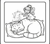 Psotna wróżka posypująca brokatem śpiącego kota, kolorowanka dla dzieci, czarne kontury, białe tło.