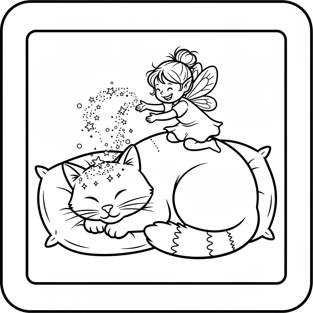 Psotna wróżka posypująca brokatem śpiącego kota, kolorowanka dla dzieci, czarne kontury, białe tło.