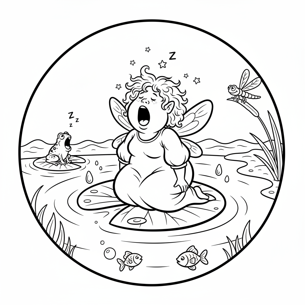 Śpiąca wróżka ziewająca na lilii wodnej w stawie, kolorowanka dla dzieci, czarne kontury, białe tło.
