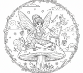 Wróżka artystka malująca obraz księżyca na maleńkim płótnie, kolorowanka dla dzieci, czarne kontury, białe tło.