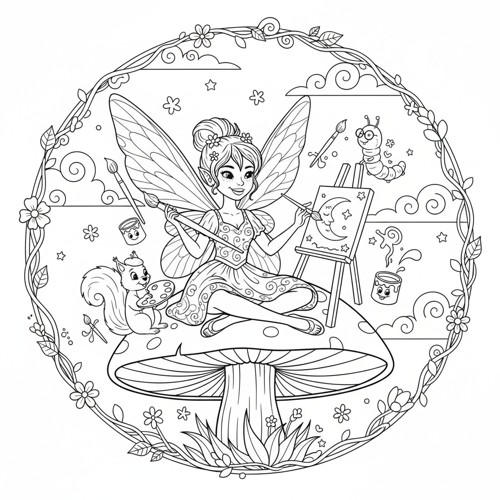 Wróżka artystka malująca obraz księżyca na maleńkim płótnie, kolorowanka dla dzieci, czarne kontury, białe tło.