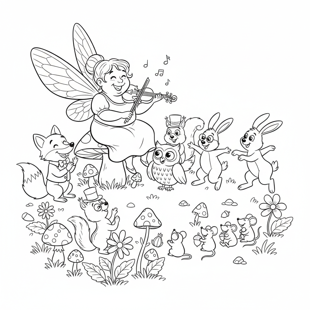 Wróżka grająca na maleńkich skrzypcach dla zachwyconej publiczności leśnych stworzeń, kolorowanka dla dzieci, czarn...