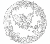 Wróżka huśtająca się na pnączu w dżungli, otoczona egzotycznymi roślinami, kolorowanka dla dzieci, czarne kontury,...