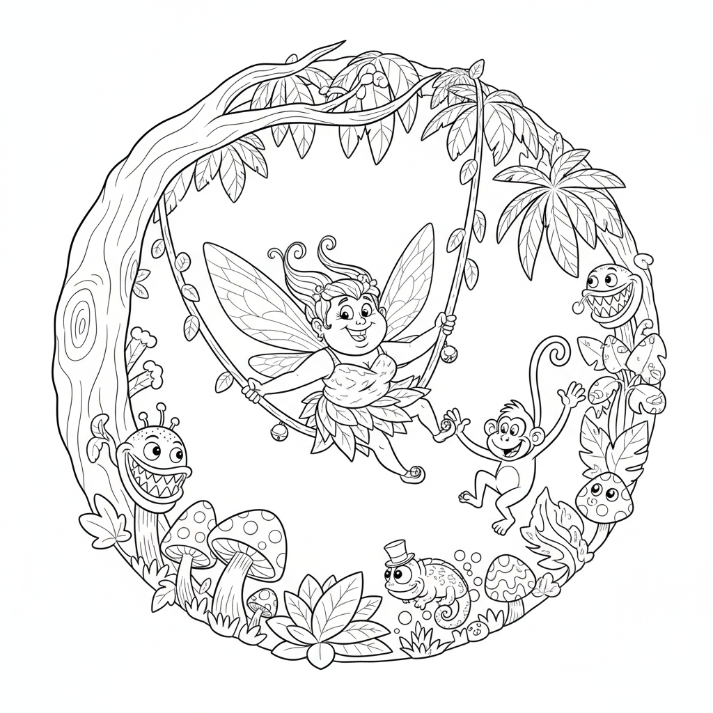 Wróżka huśtająca się na pnączu w dżungli, otoczona egzotycznymi roślinami, kolorowanka dla dzieci, czarne kontury,...