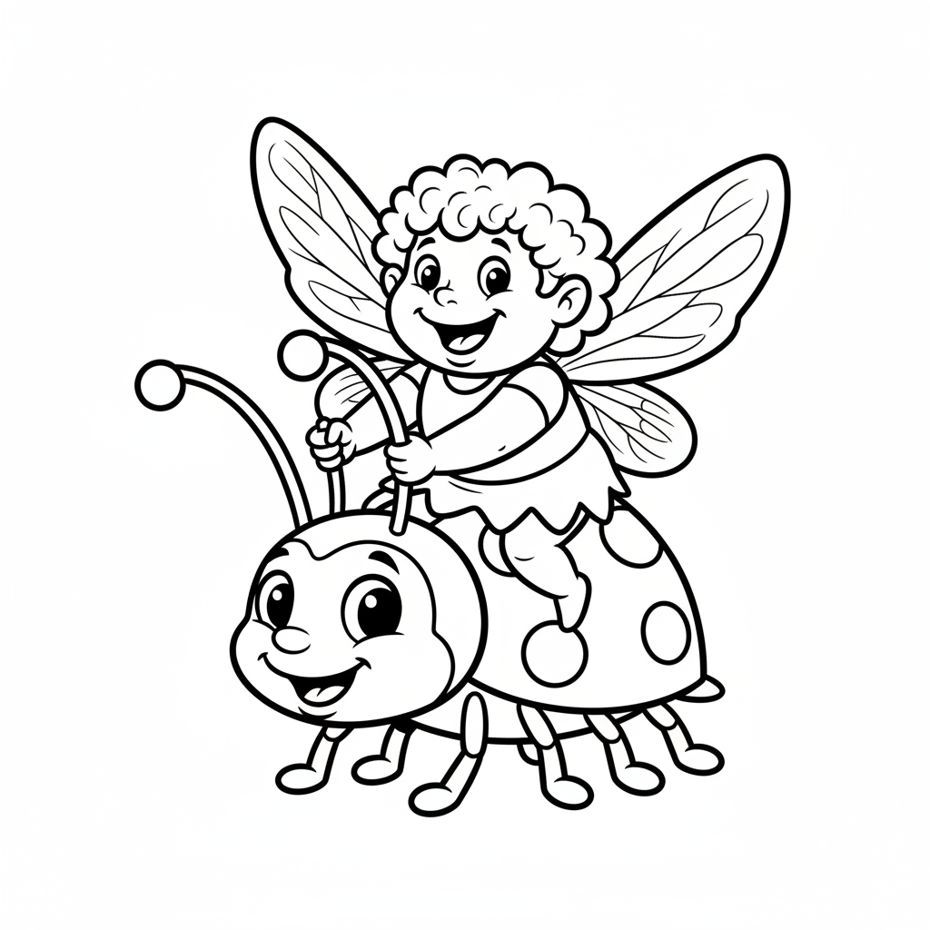 Wróżka jadąca na biedronce, używająca jej czułków jako lejców, kolorowanka dla dzieci, czarne kontury, białe tło.