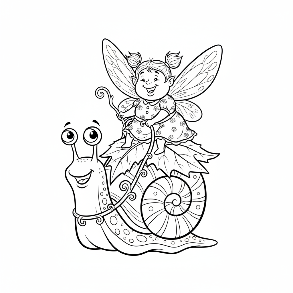Wróżka jadąca na ślimaku, używająca liścia jako siodła, kolorowanka dla dzieci, czarne kontury, białe tło.