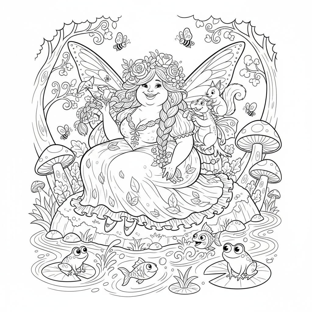 Wróżka z długimi, rozwianymi włosami zaplecionymi w kwiaty, siedząca nad czystym strumieniem, kolorowanka dla dzieci,...