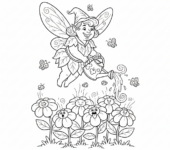 Wróżka ogrodowa pielęgnująca świecące kwiaty, z konewką, kolorowanka dla dzieci, czarne kontury, białe tło.