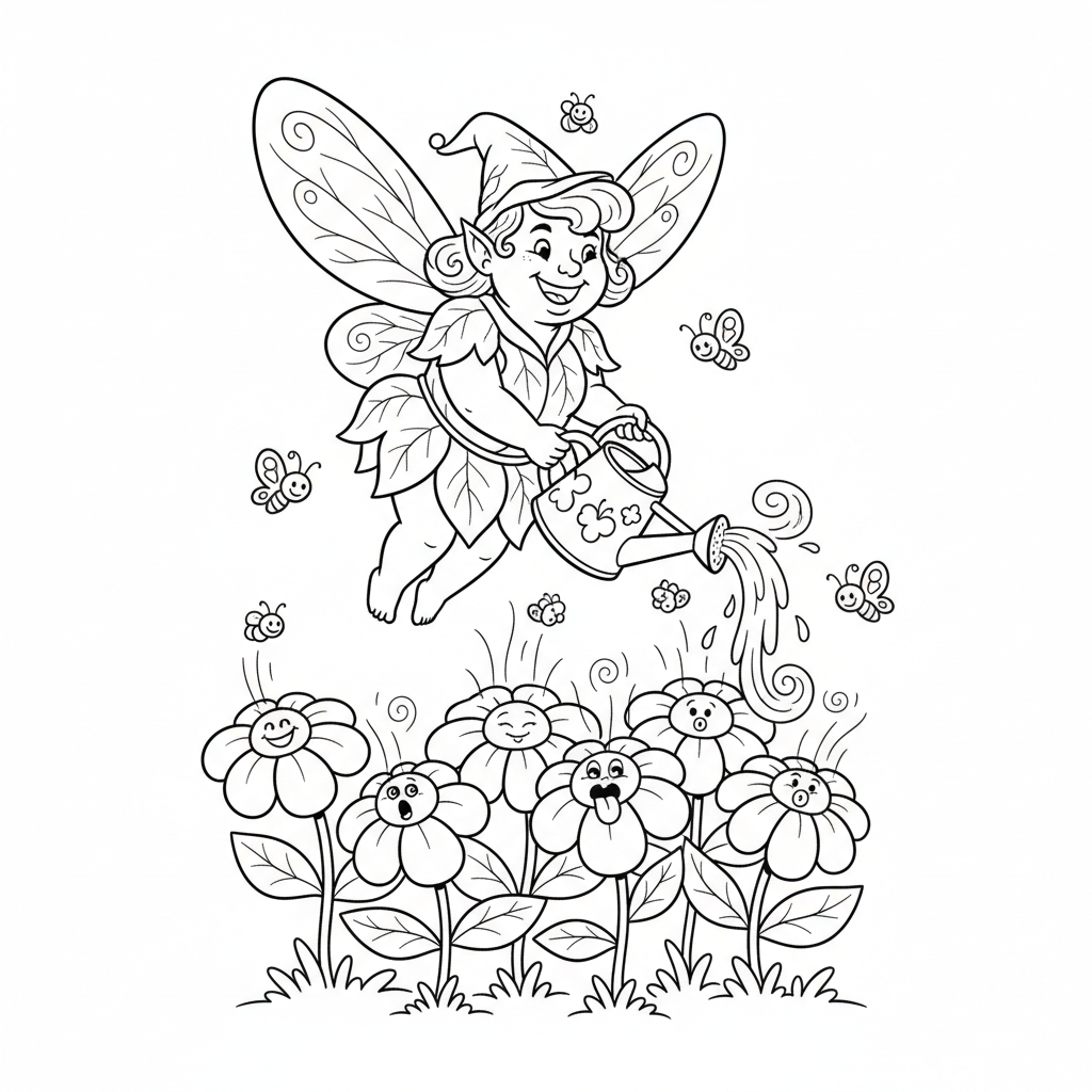 Wróżka ogrodowa pielęgnująca świecące kwiaty, z konewką, kolorowanka dla dzieci, czarne kontury, białe tło.
