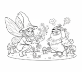 Wróżka pielęgnująca rannego ptaka, lecząc go magią, kolorowanka dla dzieci, czarne kontury, białe tło.