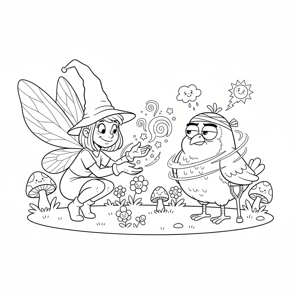 Wróżka pielęgnująca rannego ptaka, lecząc go magią, kolorowanka dla dzieci, czarne kontury, białe tło.