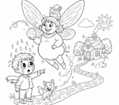 Wróżka z magicznym blaskiem, pomagająca zagubionemu dziecku znaleźć drogę do domu, kolorowanka dla dzieci, czarne ko...