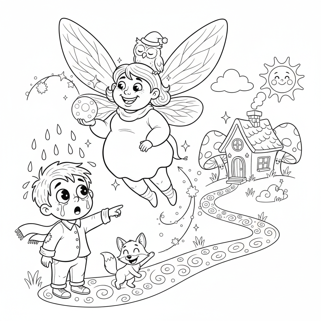 Wróżka z magicznym blaskiem, pomagająca zagubionemu dziecku znaleźć drogę do domu, kolorowanka dla dzieci, czarne ko...