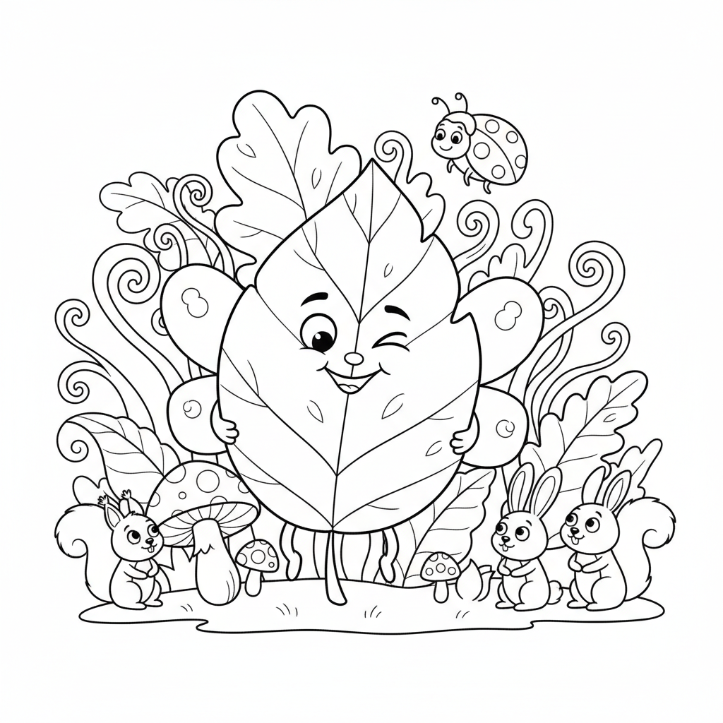 Wróżka przebrana za liść, wtapiająca się w leśne otoczenie, kolorowanka dla dzieci, czarne kontury, białe tło.