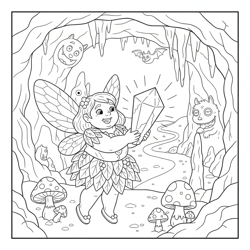 Wróżka trzymająca świecący kryształ, oświetlająca ciemną jaskinię, kolorowanka dla dzieci, czarne kontury, biał...
