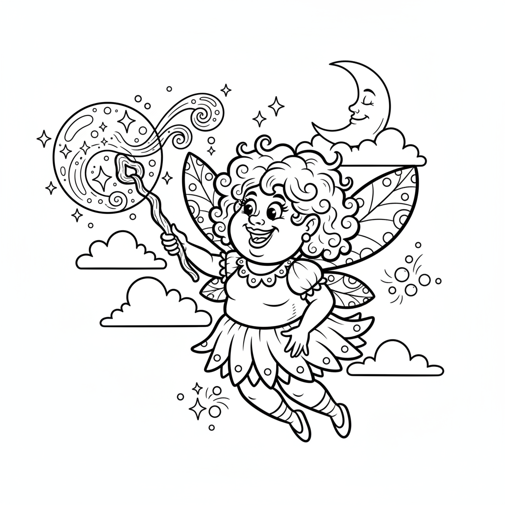 Wróżka tworząca magiczną bańkę różdżką, z błyszczącymi efektami, black outline, white background, suitable for...