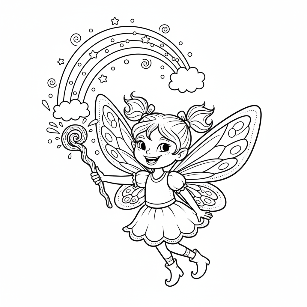Wróżka z połyskującymi skrzydłami, tworząca tęczę magiczną różdżką, kolorowanka dla dzieci, czarne kontury, b...