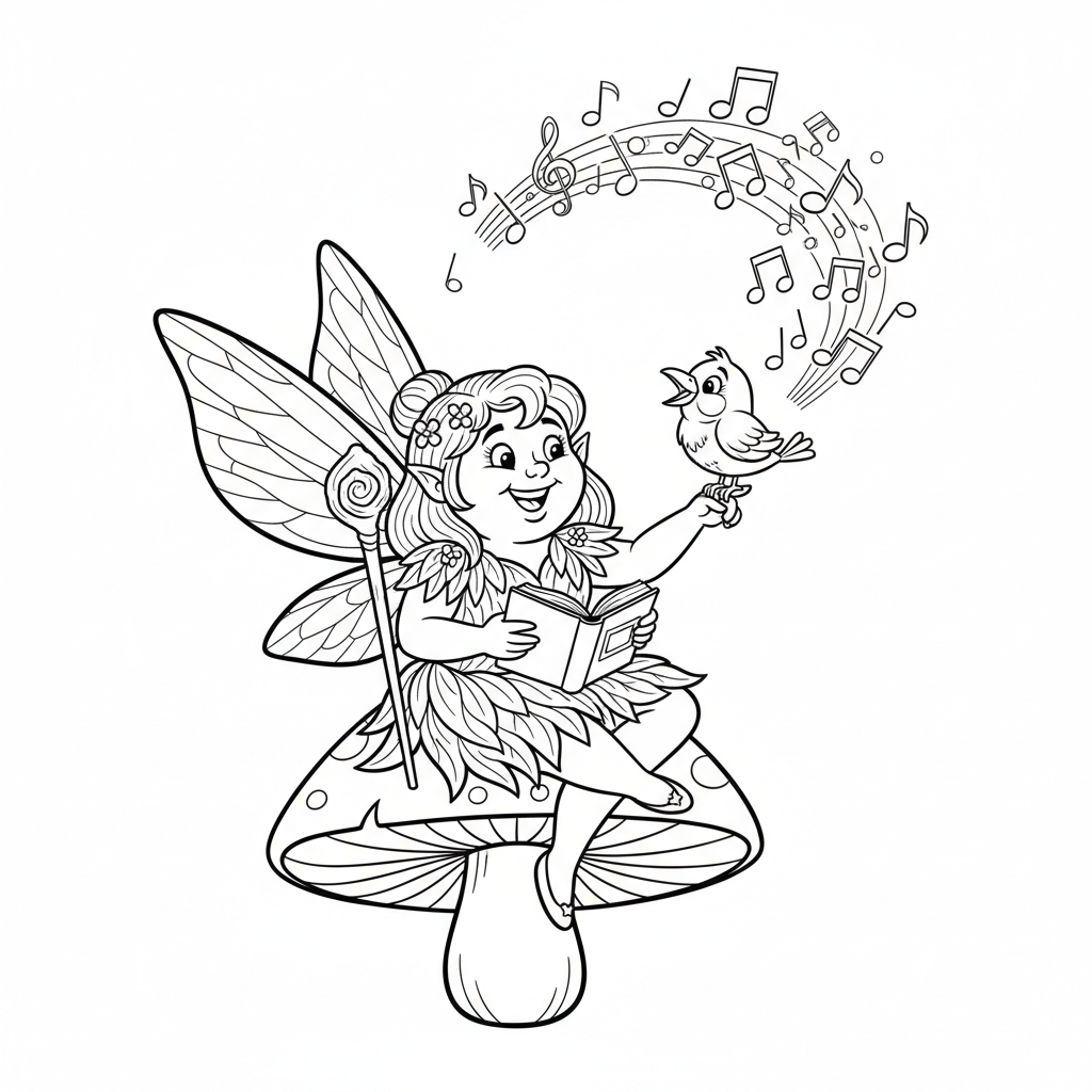 Wróżka ucząca małego ptaszka śpiewać, z nutami muzycznymi unoszącymi się, kolorowanka dla dzieci, czarne kontury, ...