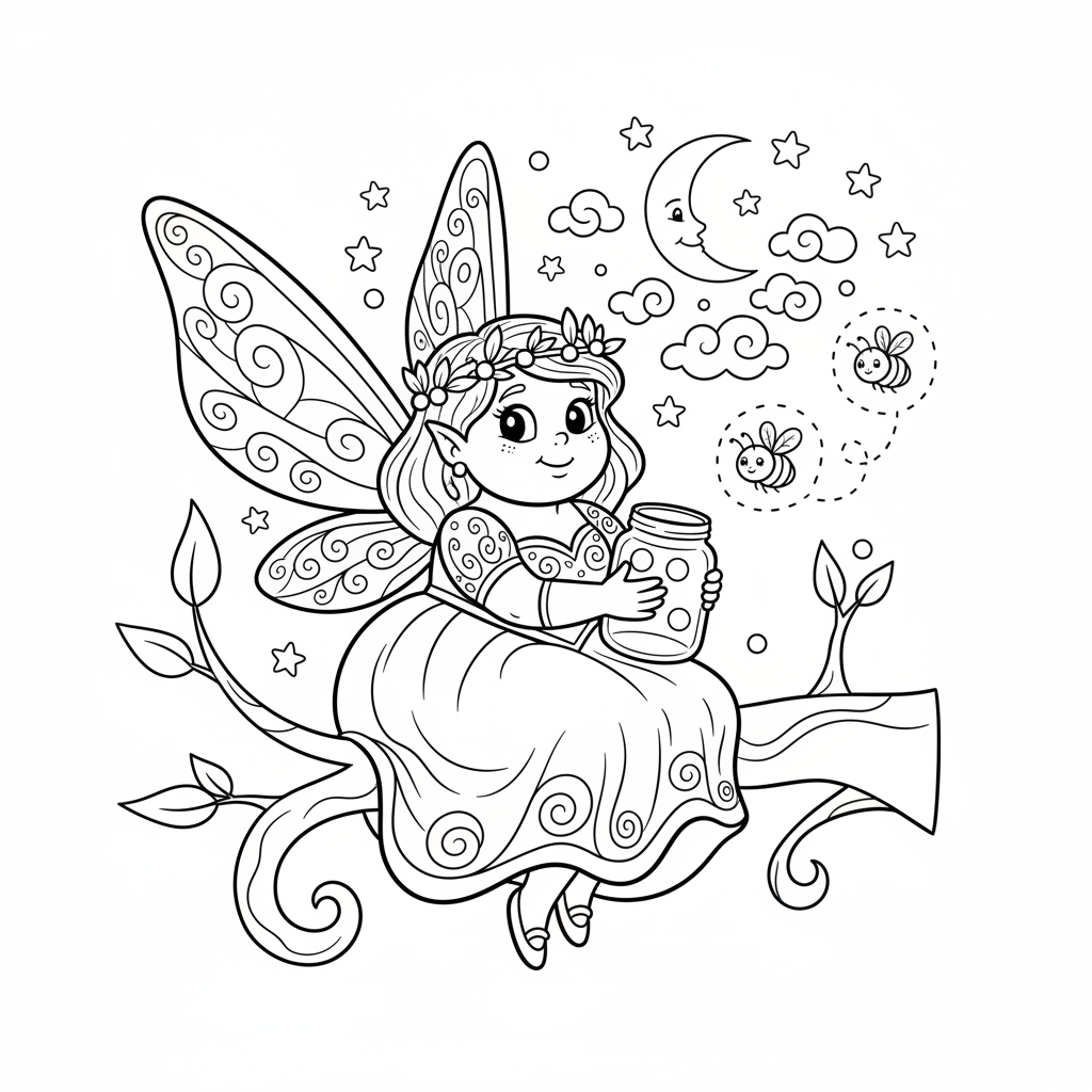 Wróżka z delikatnym wyrazem twarzy, wypuszczająca świetlika ze słoika na nocne niebo, black outline, white background...