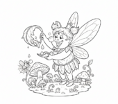 Wróżka zbierająca krople rosy w maleńkiej filiżance z liścia, kolorowanka dla dzieci, czarne kontury, białe tło.