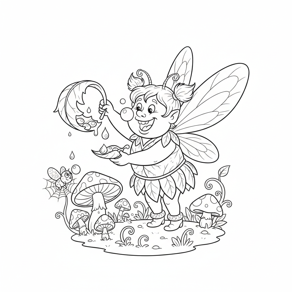 Wróżka zbierająca krople rosy w maleńkiej filiżance z liścia, kolorowanka dla dzieci, czarne kontury, białe tło.