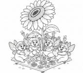 Grupa wróżek urządzająca piknik pod gigantycznym słonecznikiem, z maleńkimi zestawami do herbaty, kolorowanka dla dz...