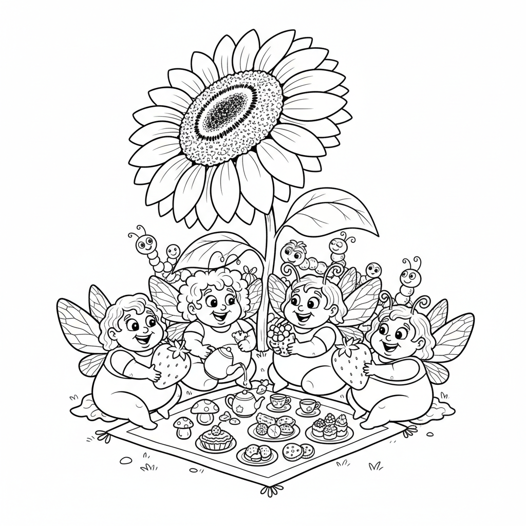 Grupa wróżek urządzająca piknik pod gigantycznym słonecznikiem, z maleńkimi zestawami do herbaty, kolorowanka dla dz...