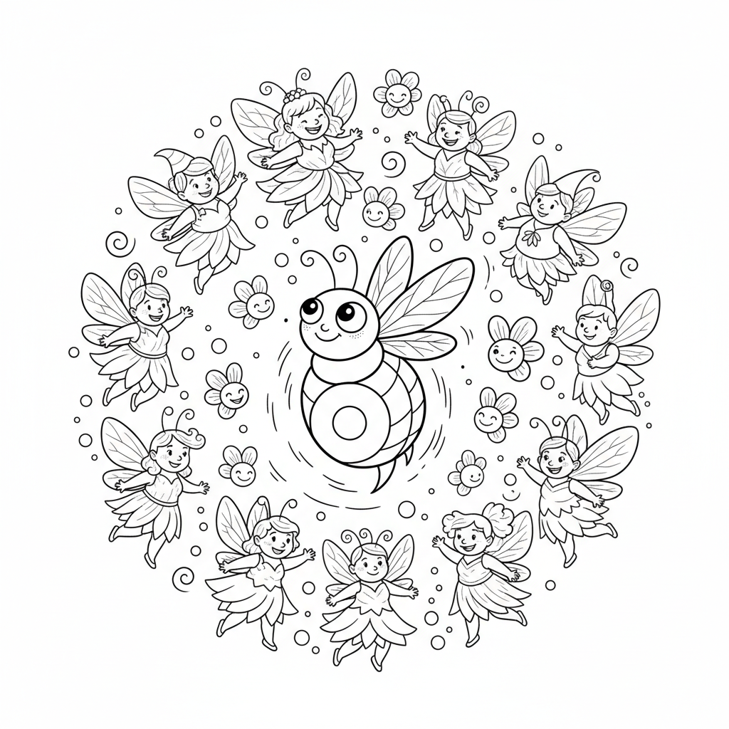 Grupa wróżek tańczących wokół magicznego świetlika, kolorowanka dla dzieci, czarne kontury, białe tło.