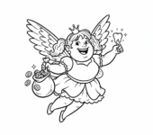 Zębowa wróżka latająca z małą torebką monet i maleńkim błyszczącym ząbkiem, kolorowanka dla dzieci, czarne kont...