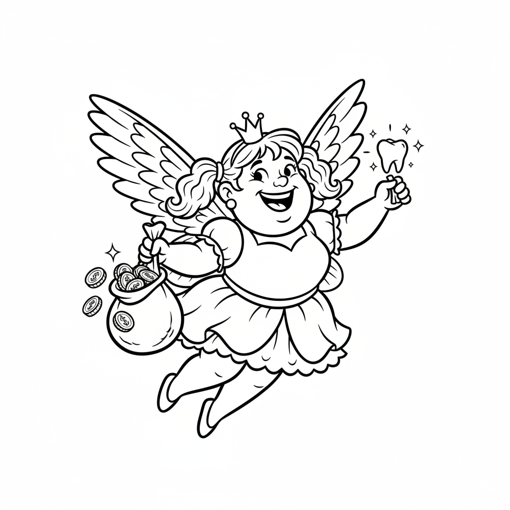 Zębowa wróżka latająca z małą torebką monet i maleńkim błyszczącym ząbkiem, kolorowanka dla dzieci, czarne kont...