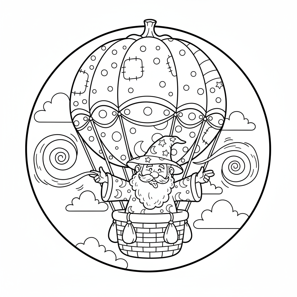 Czarodziej lecący balonem na gorące powietrze, używający swojej magii do jego prowadzenia, kolorowanka dla dzieci, cza...