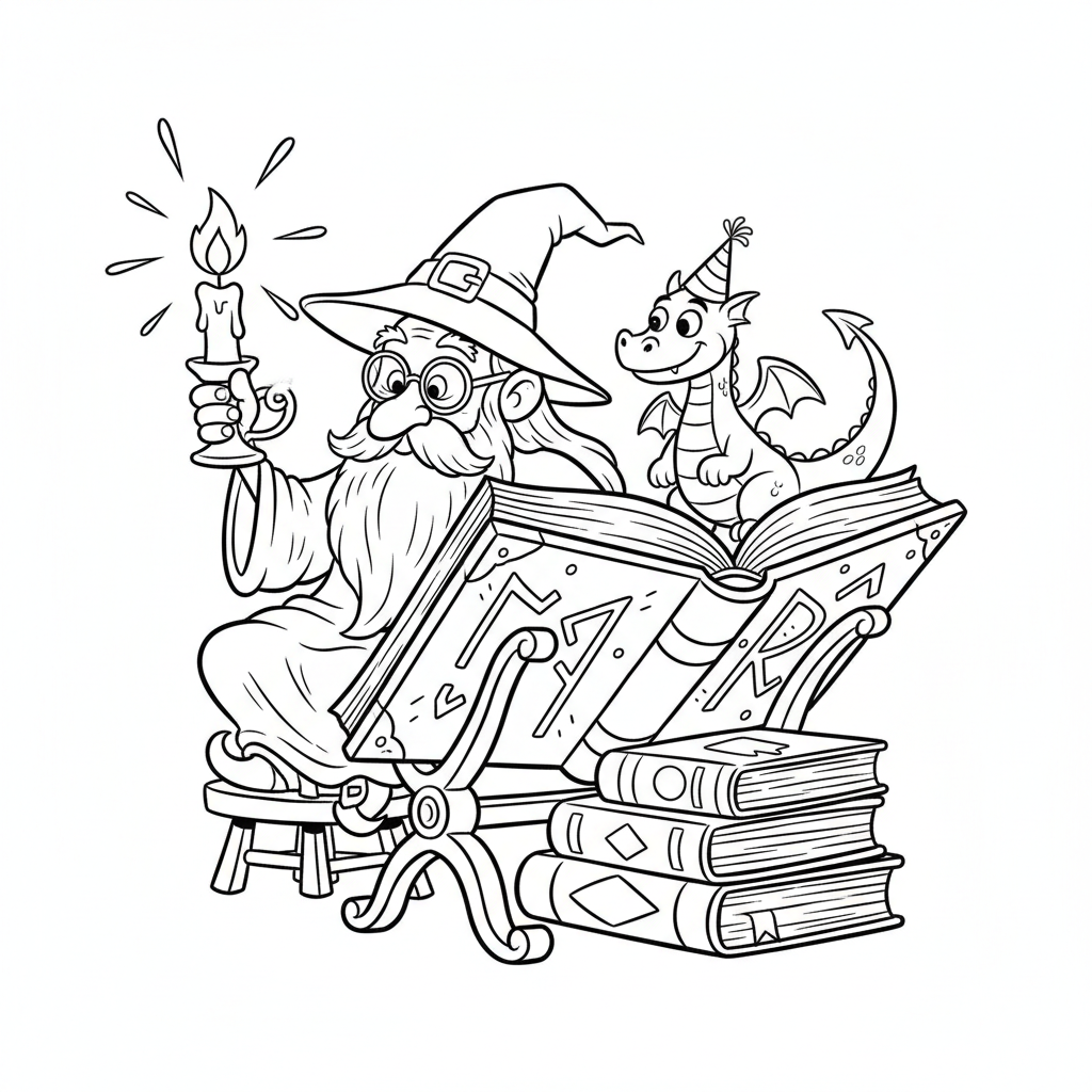 Czarodziej czytający ogromną magiczną księgę ze świecącymi runami, przy użyciu staroświeckiej świecy, kolorowank...