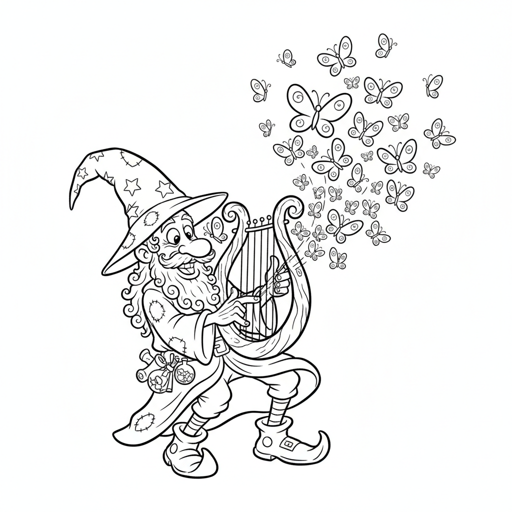 Czarodziej grający na magicznej harfie, z której wylatują motyle, black outline, white background, suitable for kids co...