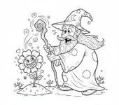 Czarodziej sprawiający, że kwiat magicznie kwitnie poza sezonem, kolorowanka dla dzieci, czarne kontury, białe tło.