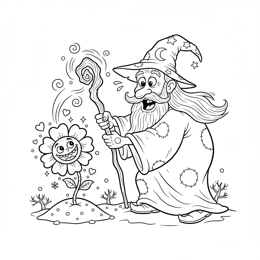 Czarodziej sprawiający, że kwiat magicznie kwitnie poza sezonem, kolorowanka dla dzieci, czarne kontury, białe tło.