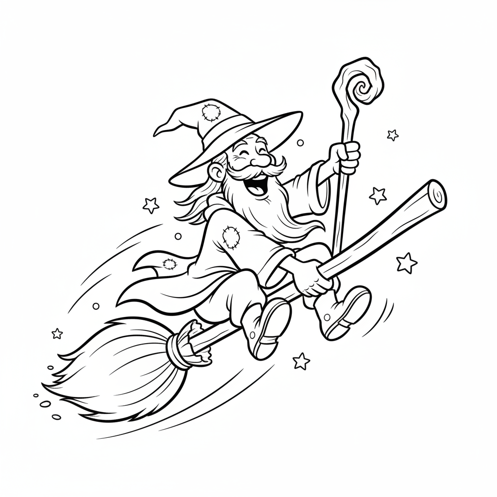 Czarodziej lecący na gigantycznej latającej miotle, śmiejący się, kolorowanka dla dzieci, czarne kontury, białe tło.
