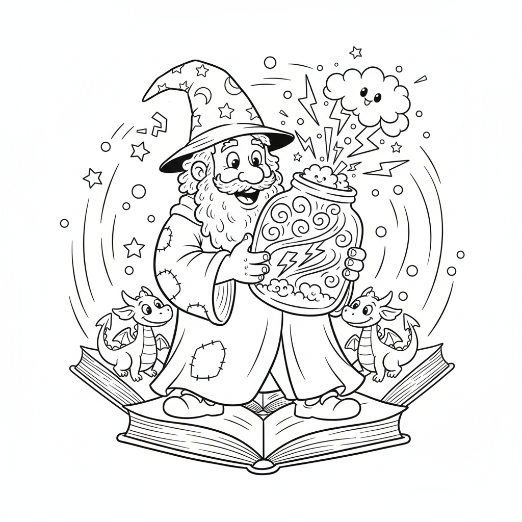 Czarodziej próbujący okiełznać miniaturową burzę z piorunami zamkniętą w szklanym słoju, kolorowanka dla dzieci, ...