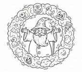 Czarodziej otoczony humorystycznym wirem magicznego dymu, z pojawiającymi się w nim zabawnymi kształtami, kolorowanka d...