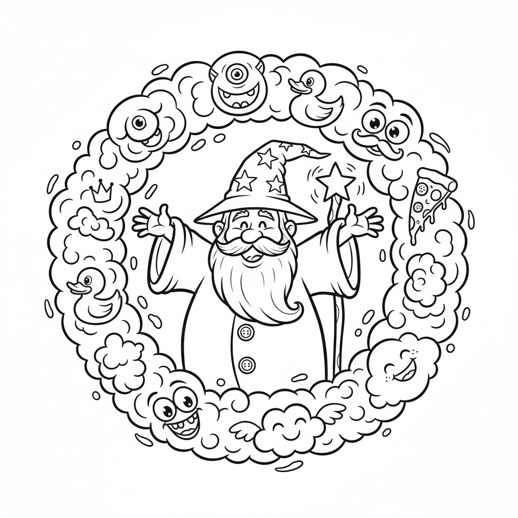 Czarodziej otoczony humorystycznym wirem magicznego dymu, z pojawiającymi się w nim zabawnymi kształtami, kolorowanka d...