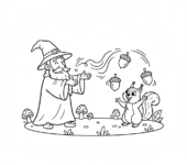 Czarodziej rzucający zaklęcie, które sprawia, że pobliska wiewiórka zaczyna żonglować żołędziami, kolorowanka dl...