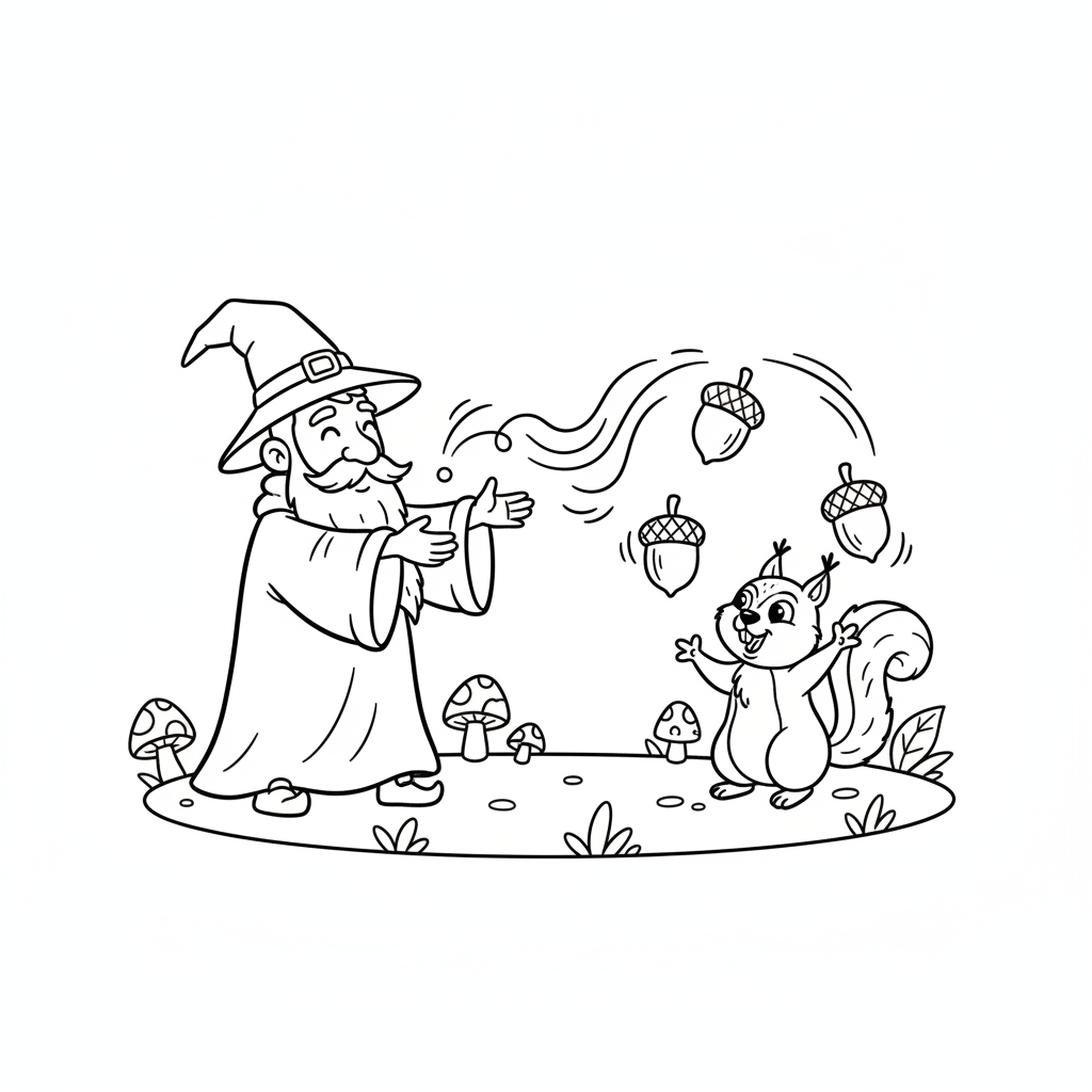 Czarodziej rzucający zaklęcie, które sprawia, że pobliska wiewiórka zaczyna żonglować żołędziami, kolorowanka dl...
