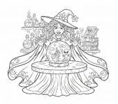 Potężna czarodziejka w zwiewnych szatach i z kryształową kulą, przepowiadająca przyszłość, kolorowanka dla dzieci...