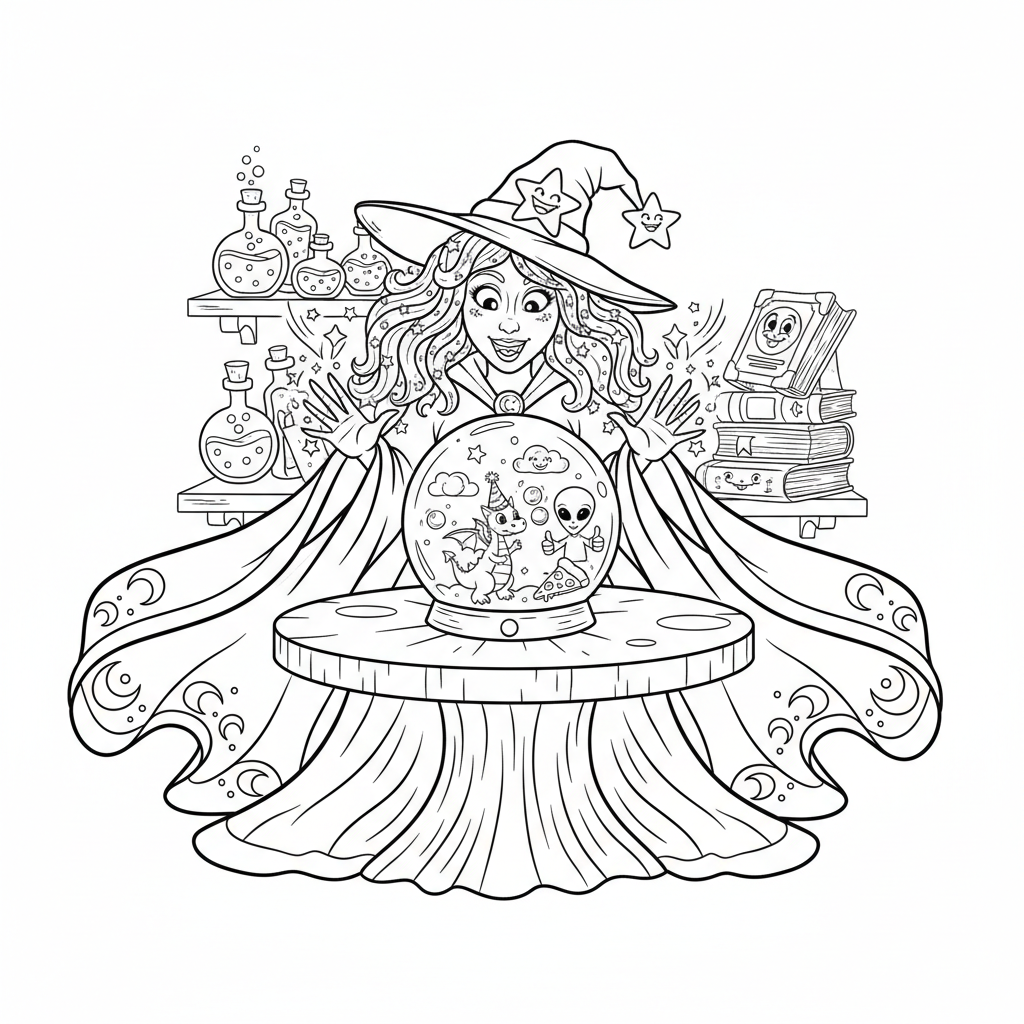 Potężna czarodziejka w zwiewnych szatach i z kryształową kulą, przepowiadająca przyszłość, kolorowanka dla dzieci...