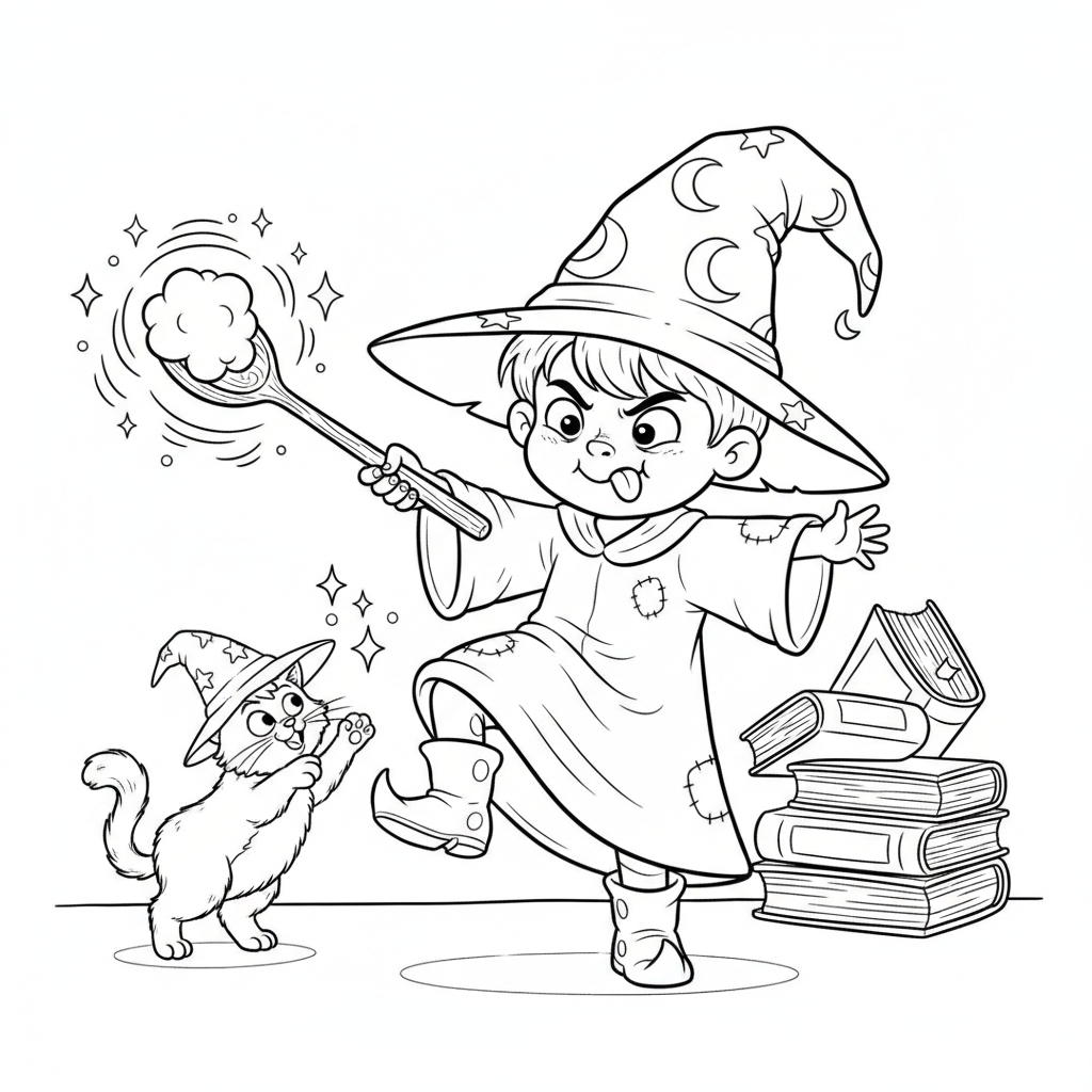 Dziecko przebrane za czarodzieja, wykonujące śmieszne "zaklęcie" drewnianą łyżką, kolorowanka dla dzieci, czarne ko...