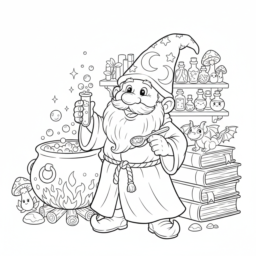 Przyjazny krasnoludzki czarodziej z małą brodą, mieszający eliksir w maleńkiej probówce, kolorowanka dla dzieci, cza...