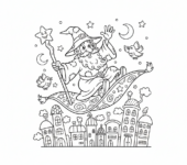 Latający dywan wznoszący się nad nocną panoramą miasta, z czarodziejem siedzącym na nim, kolorowanka dla dzieci, cza...