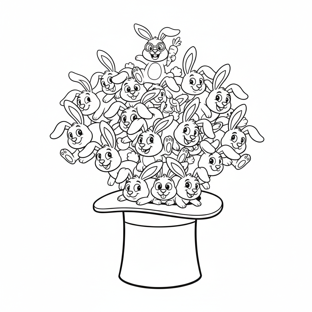 Zabawna scena z magicznym kapeluszem, z którego wylewają się króliki, kolorowanka dla dzieci, czarne kontury, białe t...